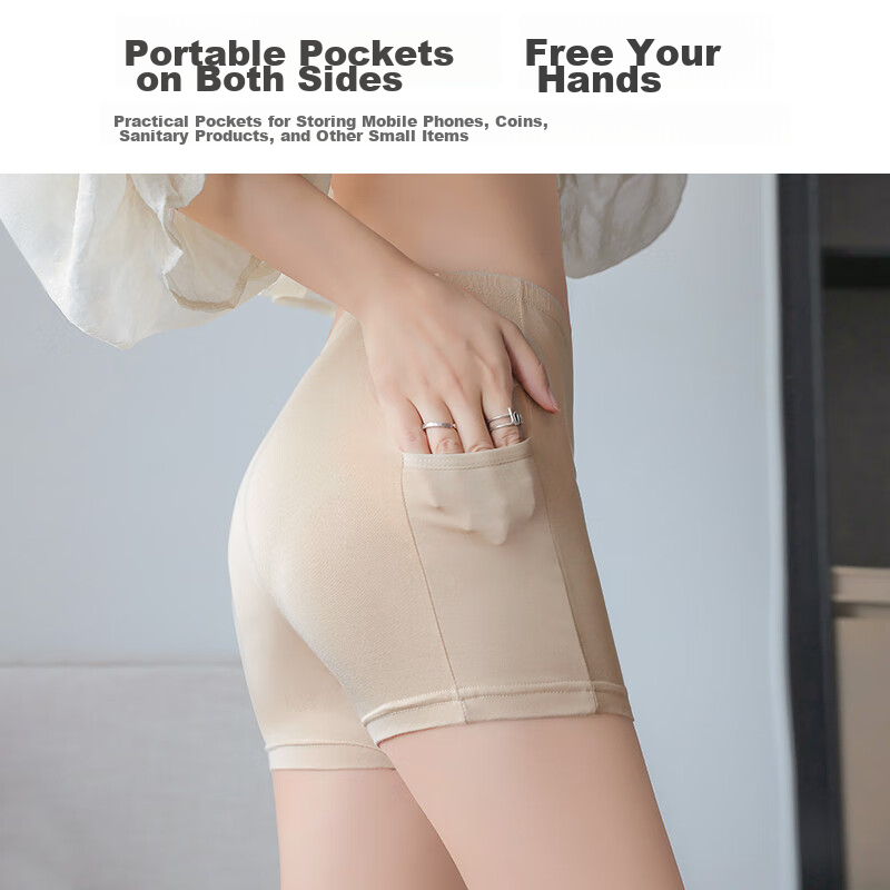 LangSha Safety Shorts for Women with Pockets, Summer Undershorts, Anti-Exposure, Non-Rolling, Elastic, Tight-Fitting, Flat-Angle, Three-Quarter Length Safety Shorts for Wome