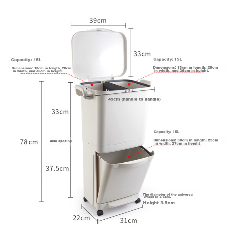 JD Original Japanese-Style Classified Trash Can, Double-Layer for Home Living Room And Kitchen, with Lid And Wheels, Movable 45L 10