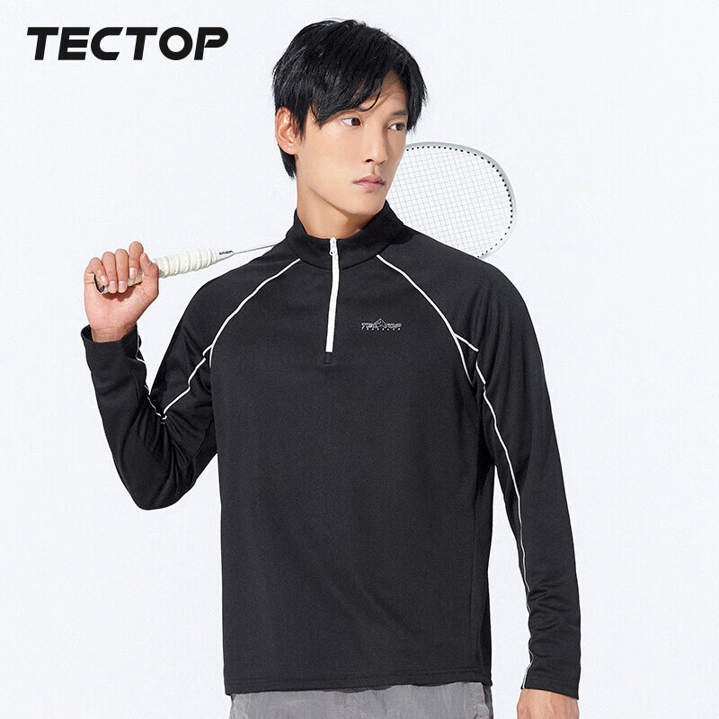 TECTOP Quick-Dry Men's Outdoor Stand-Collar Breathable Running Elastic Long-Sleeve T-Shirt Reflective Cycling Jersey 035 Men's Black S