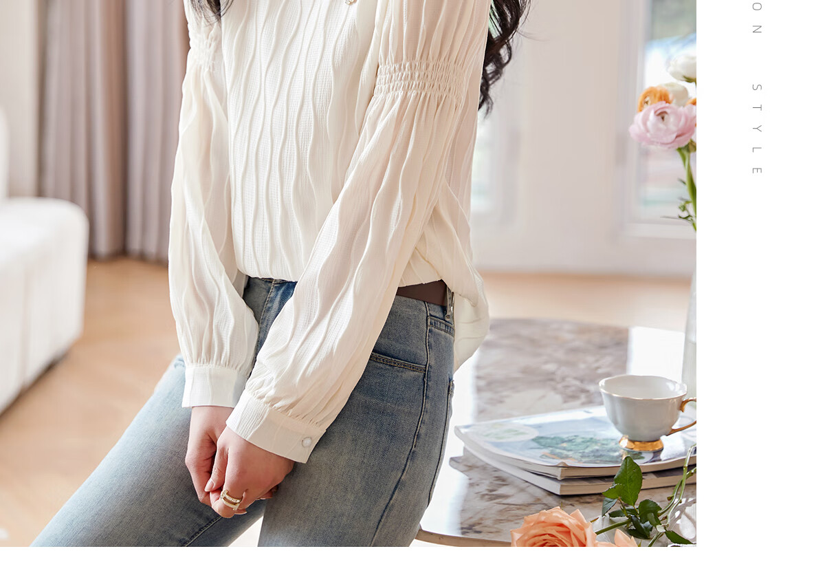 Chushen Spring And Autumn Long-Sleeve Blouse for Women, Fashionable Design with Small Stand-Up Collar, Chiffon Blouse S141C2876 Beige L 15