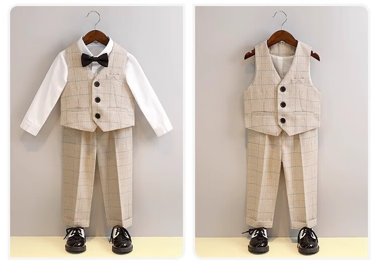 LUOBOBEIBEI Children's Suit Plaid Boys Formal Wear Set for Piano Performance, Host, And New Year Greetings, Navy Blue Five-Piece Set, Size 150 10