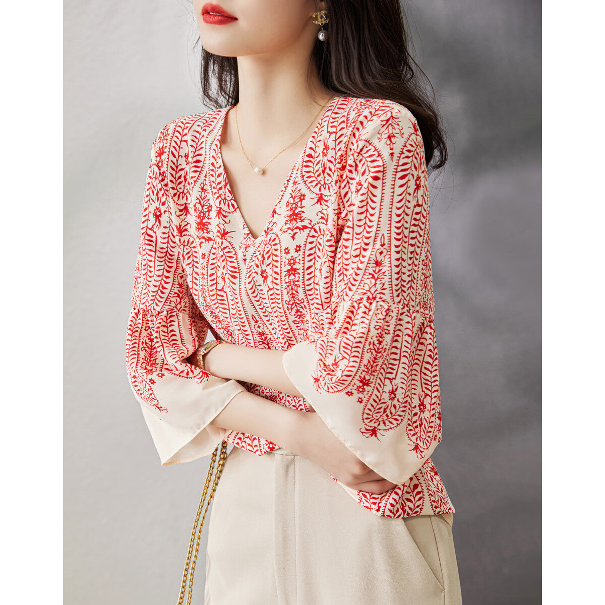 Dme [Chiffon Hibiscus Linen Shirt] Summer V-Neck Three-Quarter Sleeve Paisley Print Blouse Women's Top