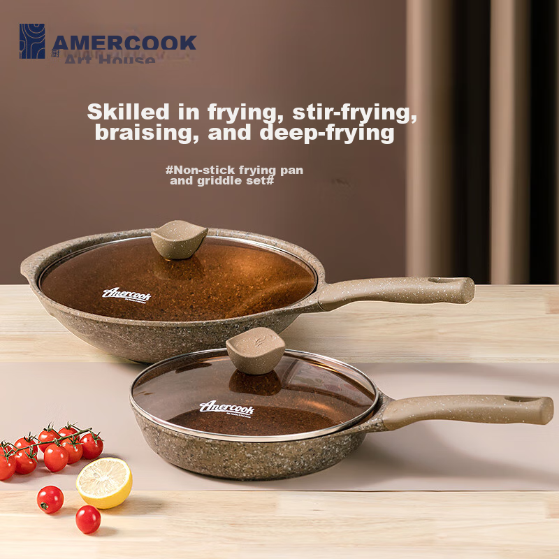 Amercook Alfitai Cookware Set, Two-Piece Set Including Wok, Non-Stick Pan, Flat Bottom Pan, Frying Pan, Amermeal Maifanshi Two-Piece Set, Suitable for Induction Cookers And Gas Stoves