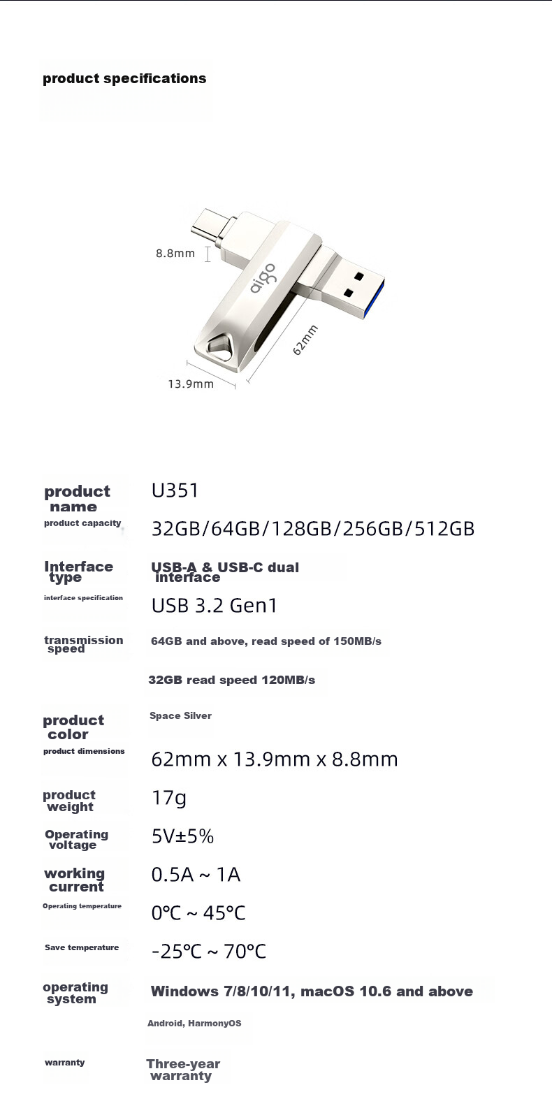 Aigo 512GB Type-C USB3.2 Mobile Flash Drive, U351 High-Speed Read/Write Model in Silver, Dual Interface for Phones And Computers, Read Speed up to 150MB/S 13