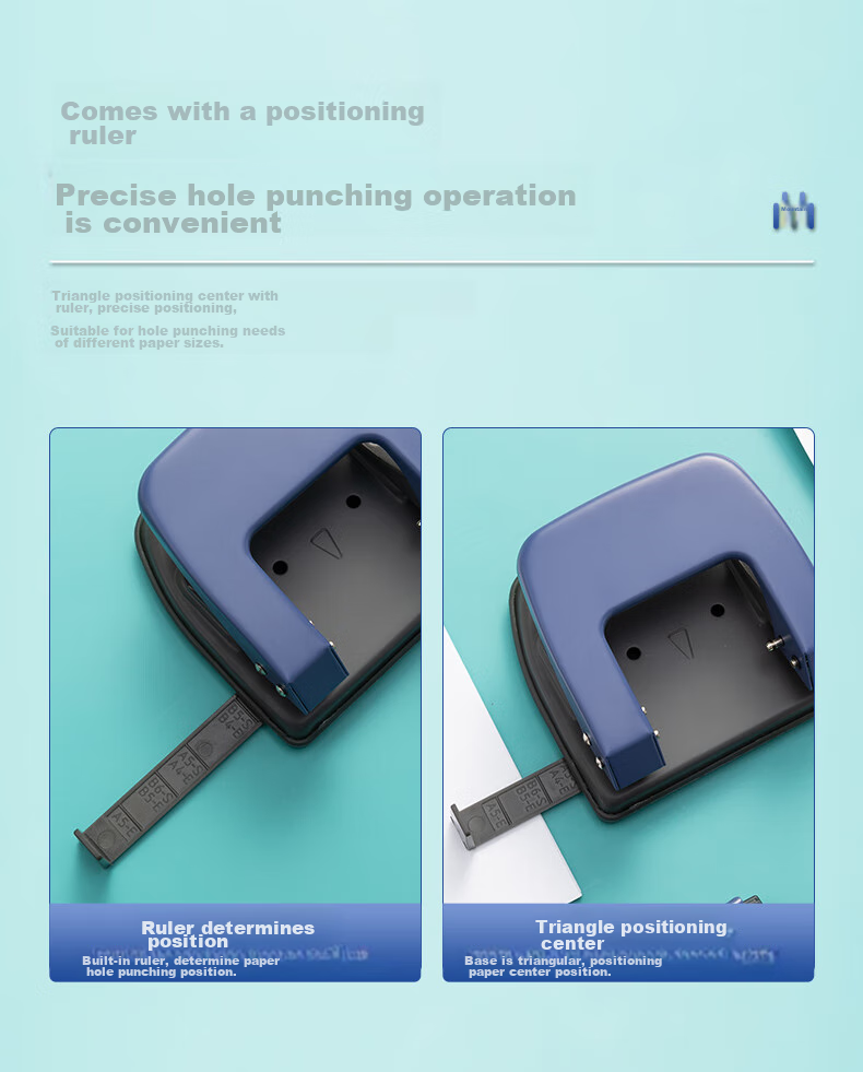 M&G Medium-Sized 35-Page Hole Puncher, Portable Double-Hole Puncher, Hole Diameter 7mm/Spacing 80mm (With Ruler), Blue Single Pack ABS92648, Back-To Essential 3