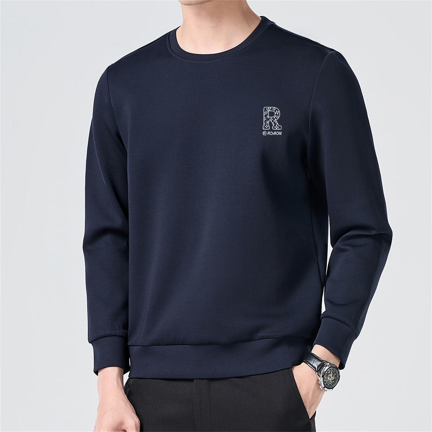 ROMON Men's Sweatshirt Spring Autumn Casual Simple Loose Pullover Crew Neck Long Sleeve T-Shirt Base Layer Jacket WY02 Navy Blue L 13