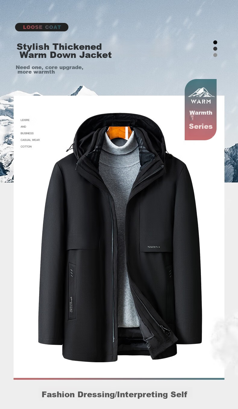 SHANSHAN Detachable Inner Lining Three-In down Jacket for Men, Goose Down Mid-Length Thick Warm Dad Coat Outerwear Men's 2XL 2