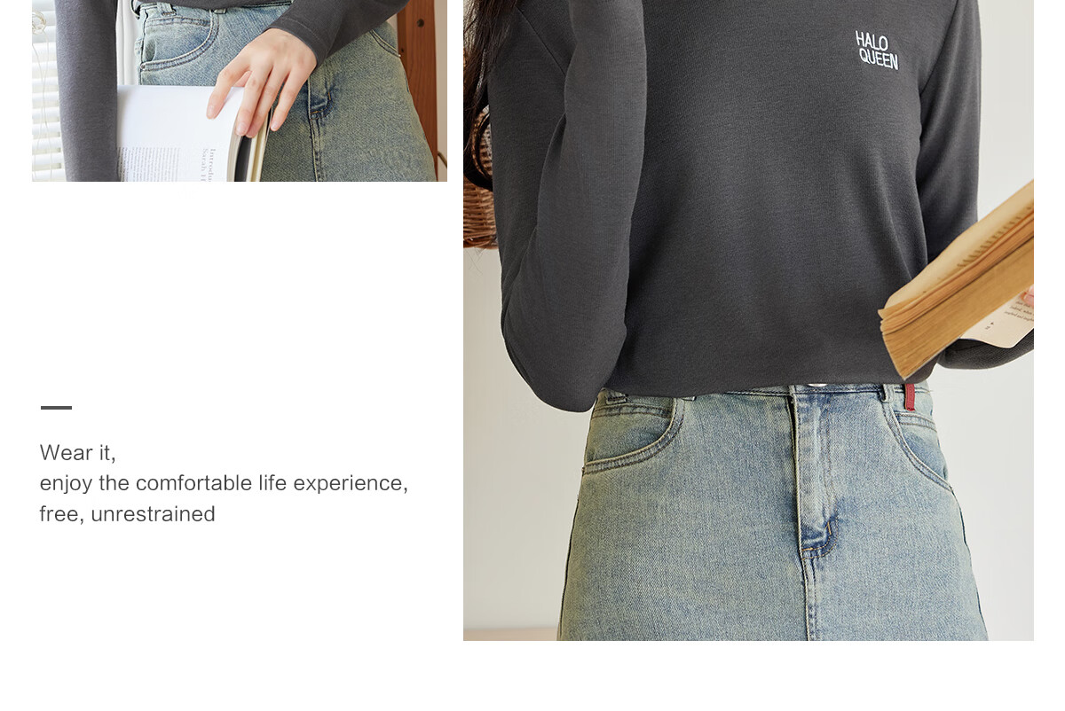 Halo Queen Long-Sleeve T-Shirt for Women, Spring And Autumn Round Neck Letter Print Base Shirt, Loose Comfortable Versatile Outer Wear Top, New Product H143T2035 13