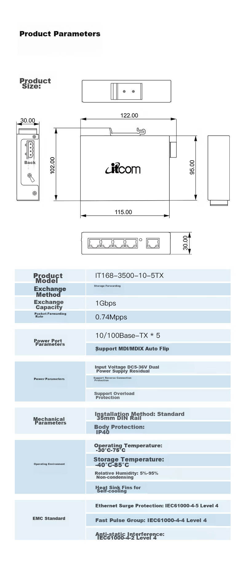 Itcom Aidicon Industrial Switch 5-Port Gigabit Unmanaged Security Monitoring PLC Ethernet Hub DIN Rail Mount Without Power Supply IT168-3500-10-5GTX 8
