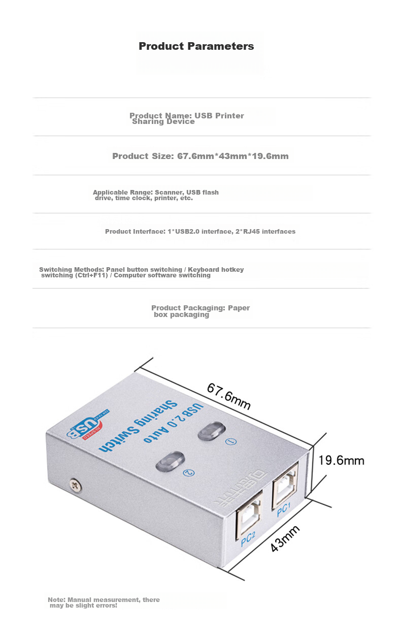 KSRGB USB Printer Sharing Device, 2-Port USB Switch, Multi-Computer Printer Sharing 2.0, Conversion without Cable (Hot Key + Software + Button Switch KS-D 10