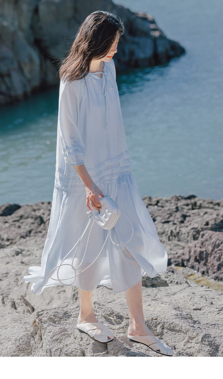 Dme First Love Style Light Blue Dress, Round Neck, Tie-Up Collar, Fairy-Like Long Sleeve Dress for Women, Light Blue, M 6