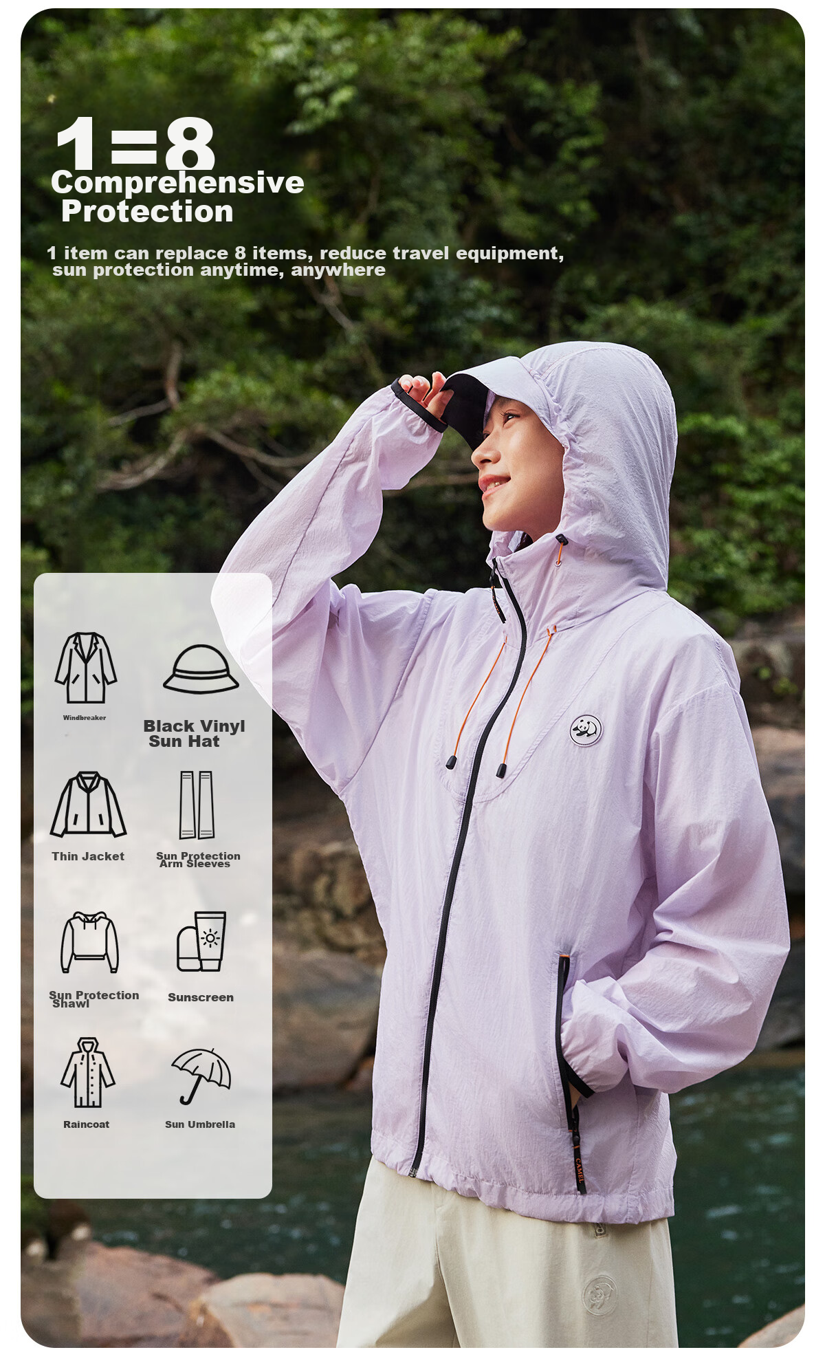 CAMEL Panda Series - Lightweight Sun Protection Jacket for Men And Women, Outdoor Sports Wear with Wide Black Rubber Brim Hat, New Summer Outerwear 14