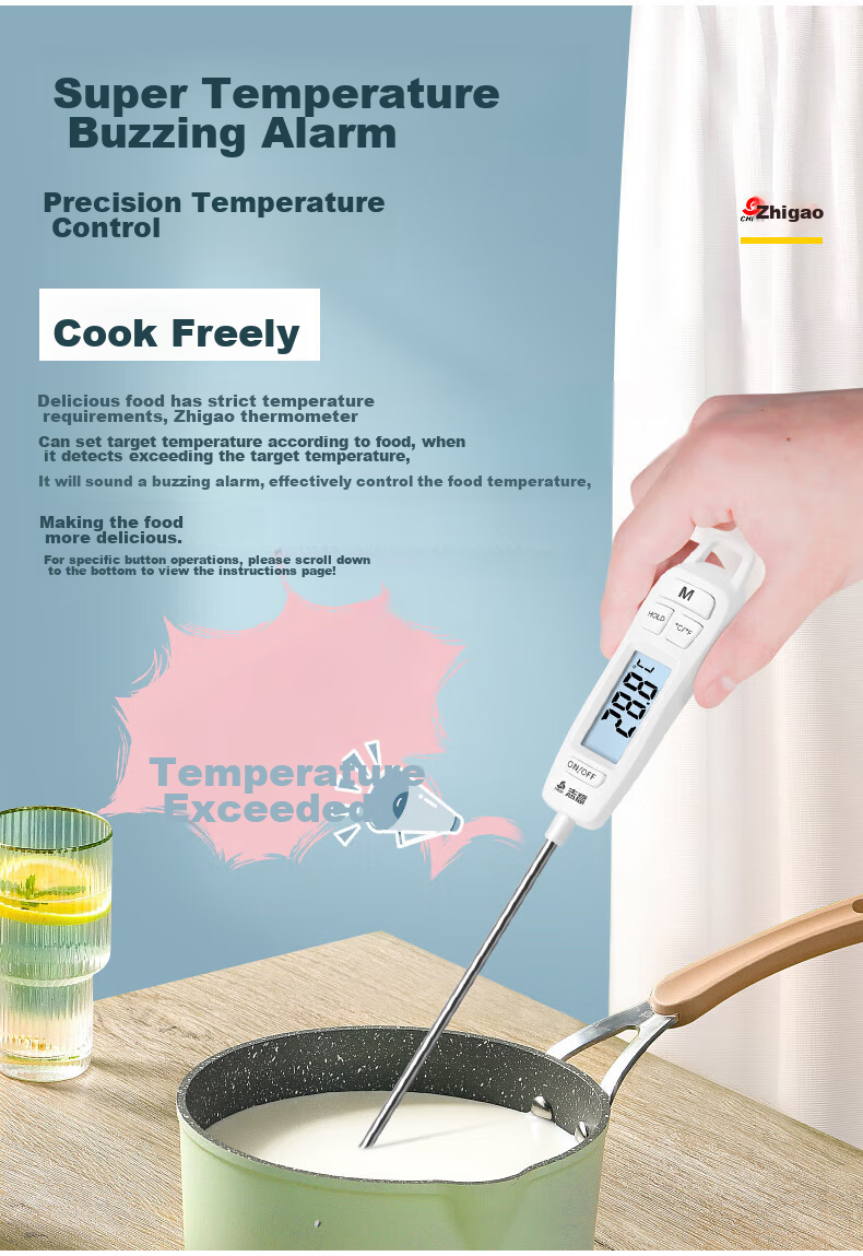 CHIGO Probe Kitchen Food Thermometer, Oil Temperature Meter, Baby Milk Thermometer, Water Thermometer, ZG-8010 Backlit Model 10