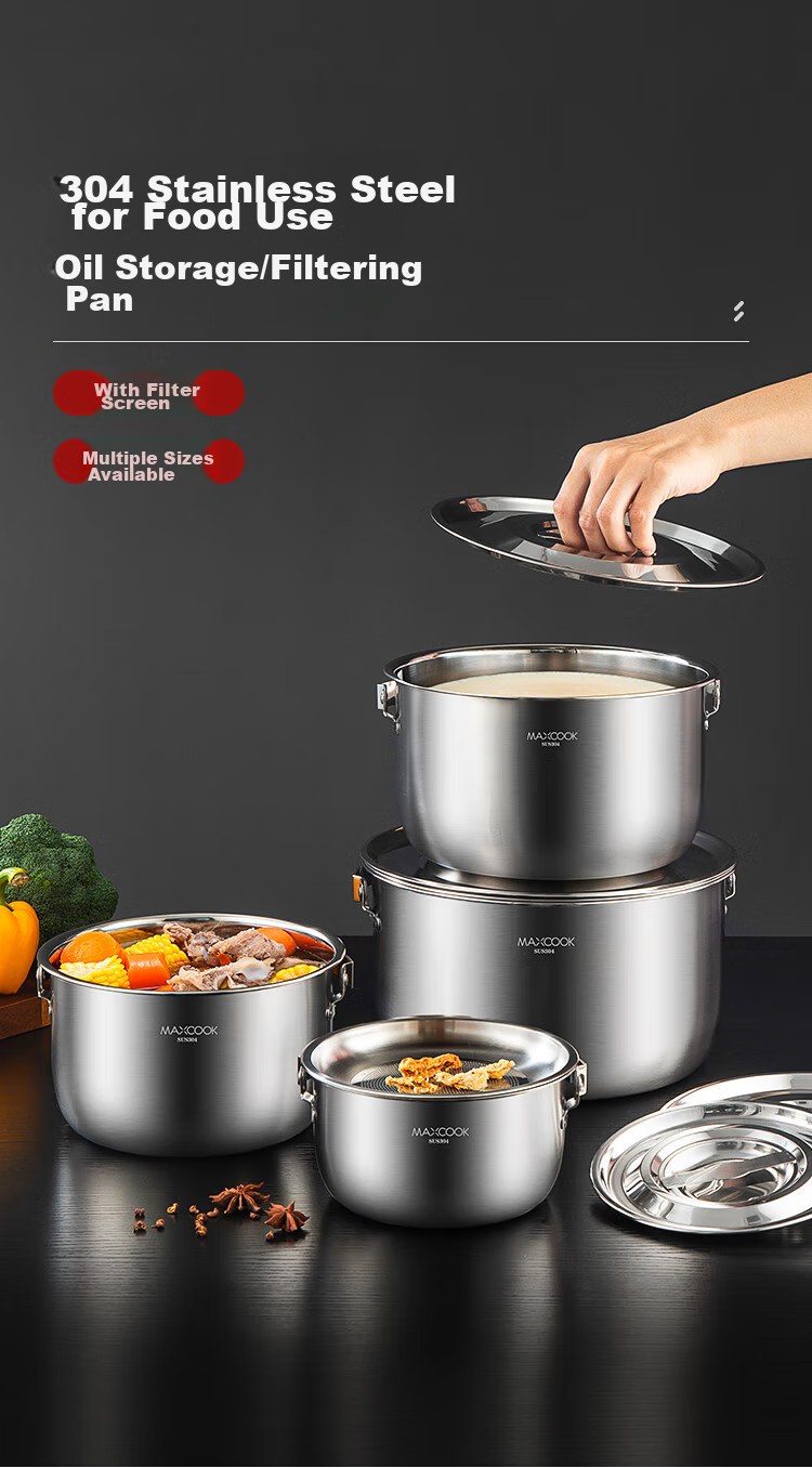 MAXCOOK 304 Stainless Steel Lard Container Seasoning Bowl, Lard Bowl Seasoning Jar Condiment Pot 2.4L with Lid And Strainer MCWA1631 1