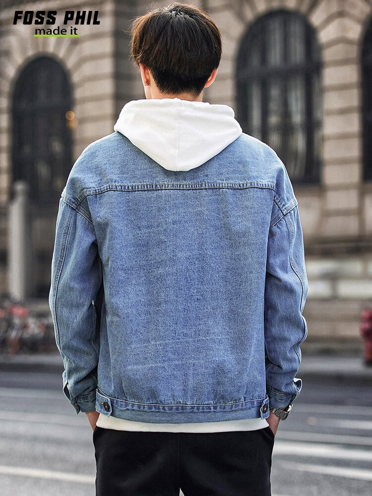 Foss Phil Men's Denim Jacket, Spring And Autumn Casual Retro Trendy Loose Fit Hong Kong Style Workwear Jacket Top FPJK4 Black XL 15