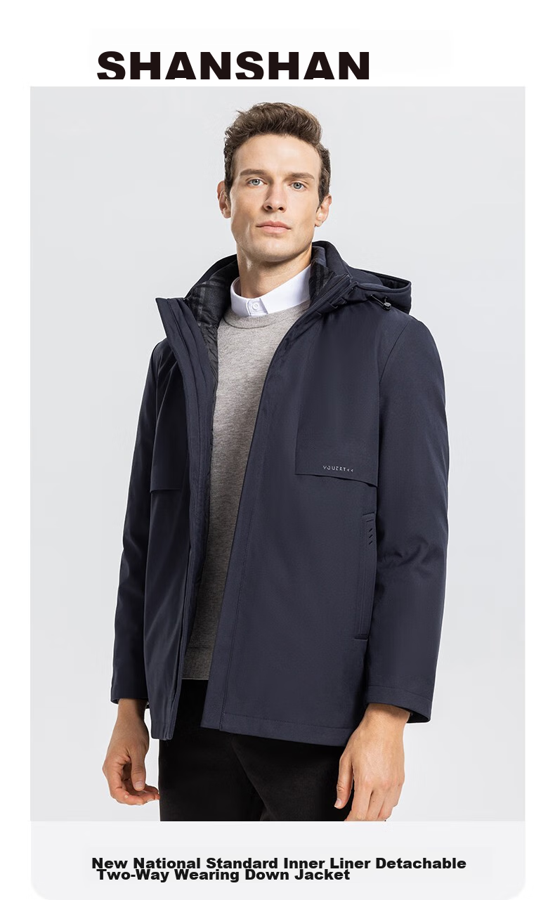 SHANSHAN Detachable Inner Lining Three-In down Jacket for Men, Goose Down Mid-Length Thick Warm Dad Coat Outerwear Men's 2XL 1