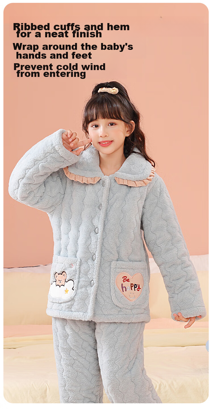 MiiOW Coral Fleece Padded Children's Pajamas, Girls' Loungewear, Cotton Jacket for Autumn And Winter, Three-Layer Thickened, for Older Children, Warm, 120cm 13