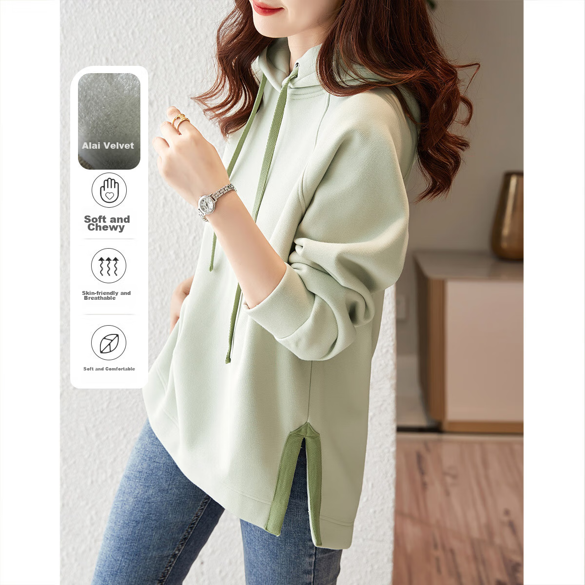 Dme [Split-Style Craftsmanship] Spring And Autumn Hooded Loose Casual Slightly Elastic Long-Sleeve Women's Sweatshirt, Light Water Green, S