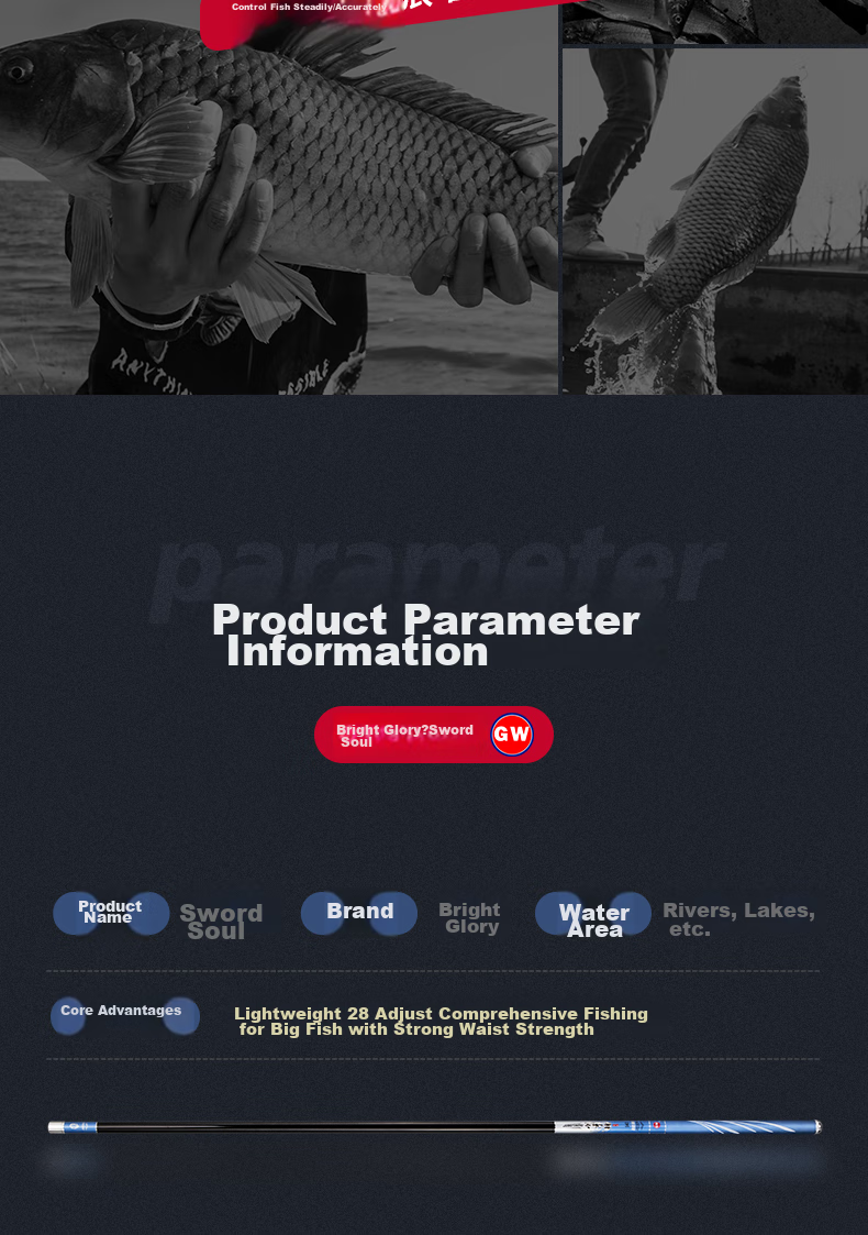 GW Fishing Rod Jian Shou Hun, 6.3 Meters, 28 Sections, Carbon Fiber, Versatile for Lake And Reservoir Big Fish Fishing 13