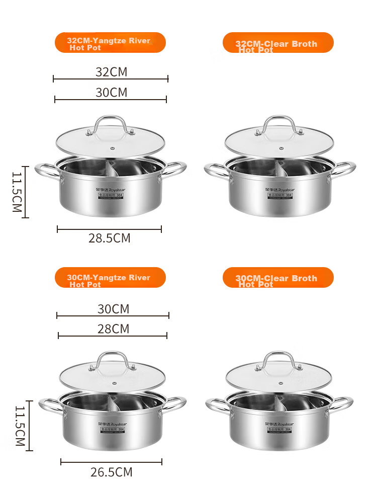 Royalstar Hot Pot, 304 Stainless Steel Soup Pot for Gas And Induction Stoves, Universal Clear Soup Basin, 30cm 20