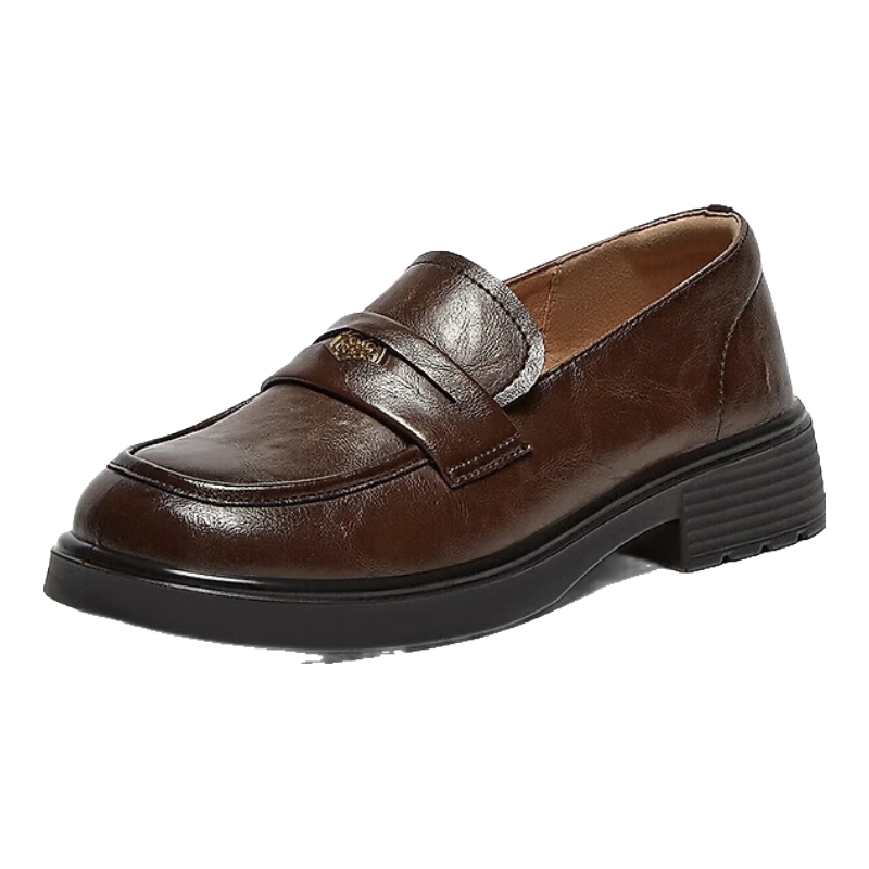 Basto Mall Same Style [Genuine Leather] College Style Loafers Chunky Heel Women's Shoes Brown Size 36