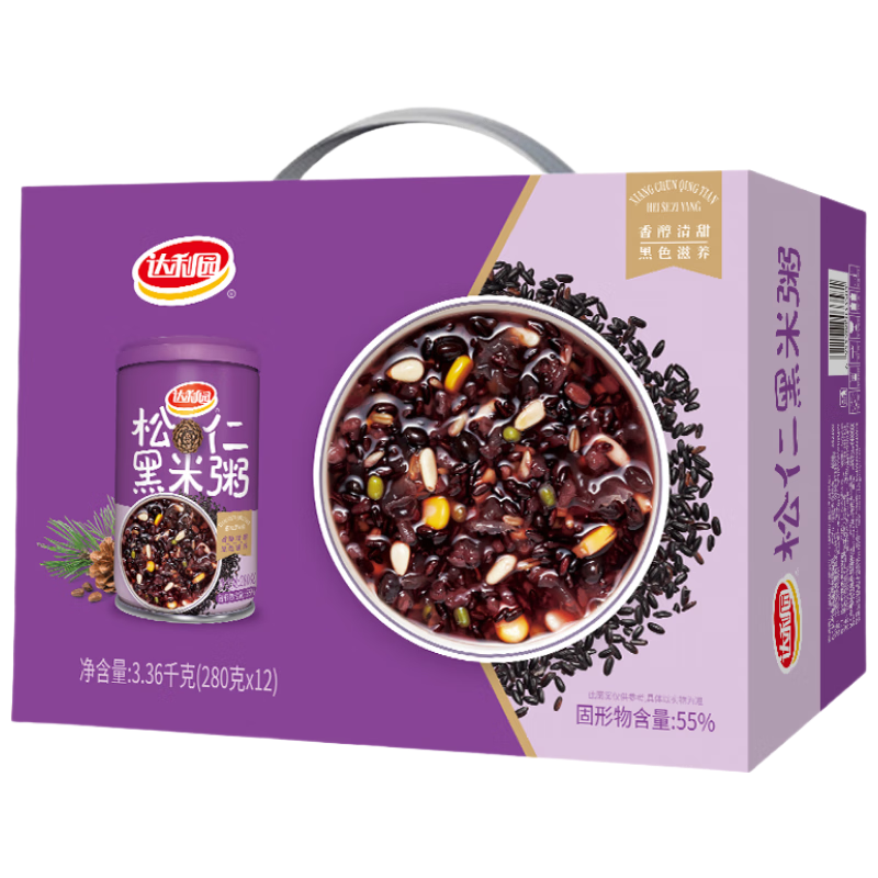 达利园松仁黑米粥方便速食早餐粥八宝粥送礼罐头 280g*12整箱即食礼盒装