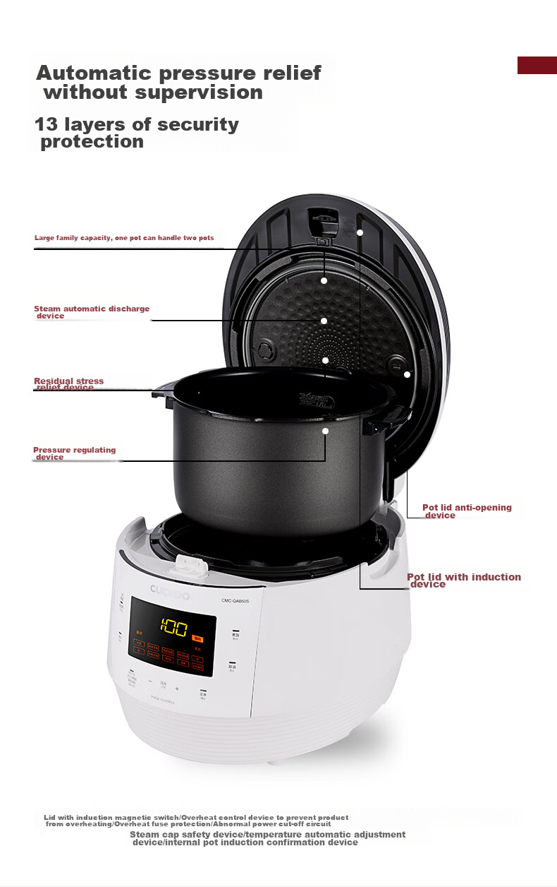 CUCKOO Korean Imported Electric Pressure Cooker, 1.8x High Pressure, Smart Reservation, Multifunctional, Automatic Pressure Release, Home Use Electric Pressure Cooker, 5 Liters, CMC-QAB50S 3