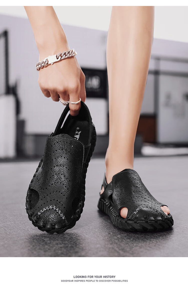 Bull Family Leather Sandals Summer Beach Shoes Men's Driving Outdoor Casual Trendy Soft Leather Soft Sole Handmade Hole Sandals 11