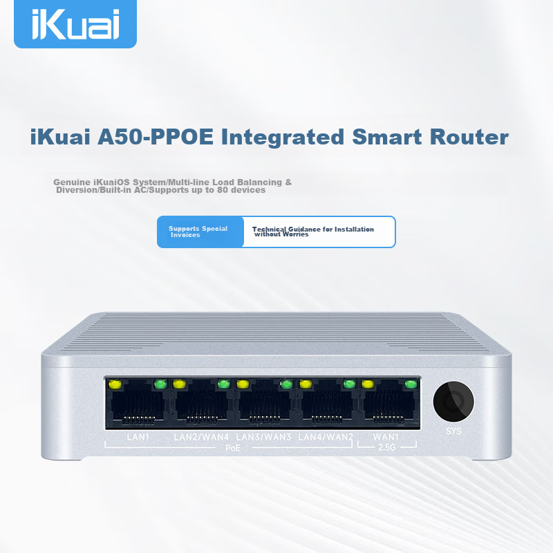 IKuai IK-A50 Integrated Smart Router with 1×2.5G Ethernet Port + 4× Gigabit PoE Ports, 54W PoE Power, Supports up to 32 APs Management, Recommended for up to 80 Devices