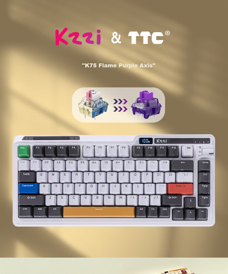 KZZI K75 Mechanical Keyboard Wired Bluetooth Wireless 2.4G Tri-Mode Gasket Structure 82 Keys 75 Layout PBT Keycaps E-Sports Gaming RGB Light Time Machine Edition TTC Flame Purple Switch 1