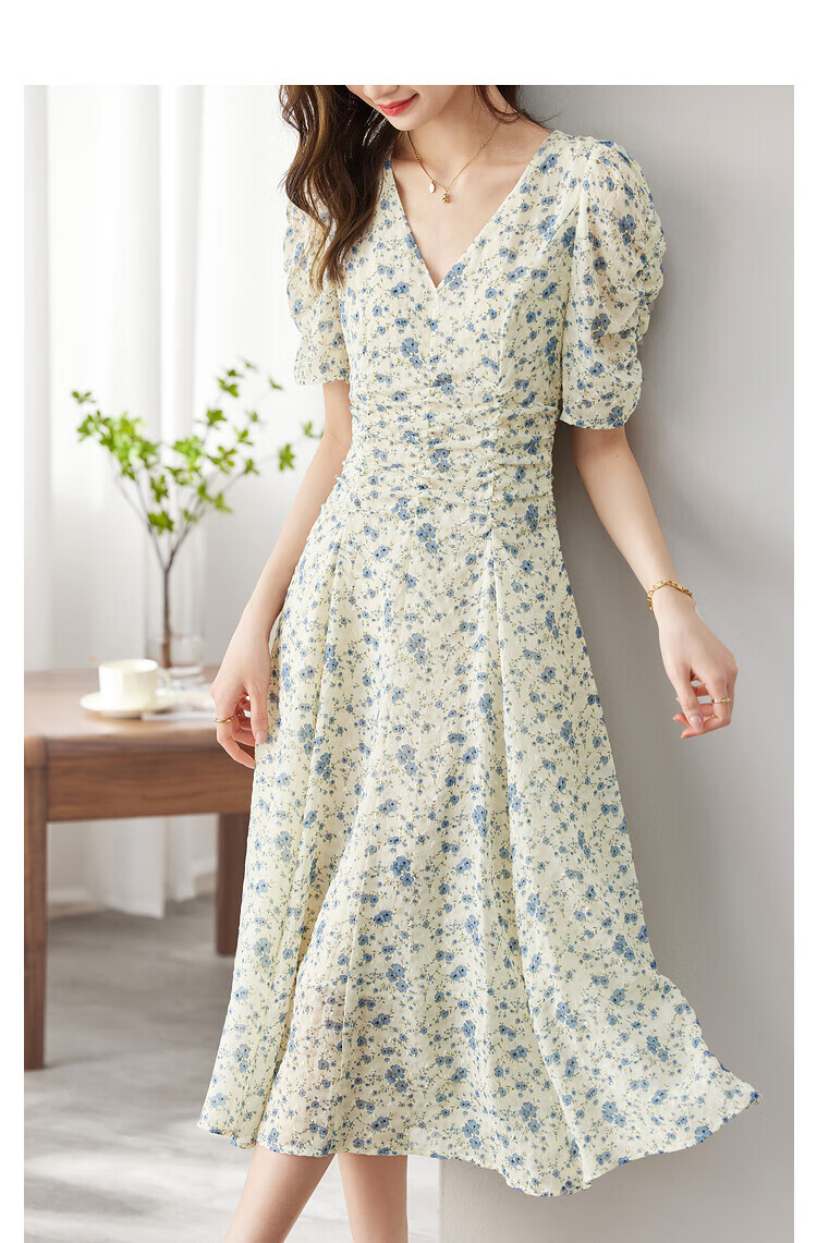 Sentubila Summer French Floral Print Dress, Puff Sleeve Tea Break Dress, Elegant Goddess Style Skirt, Apricot Base with Blue Flowers, M Size 1