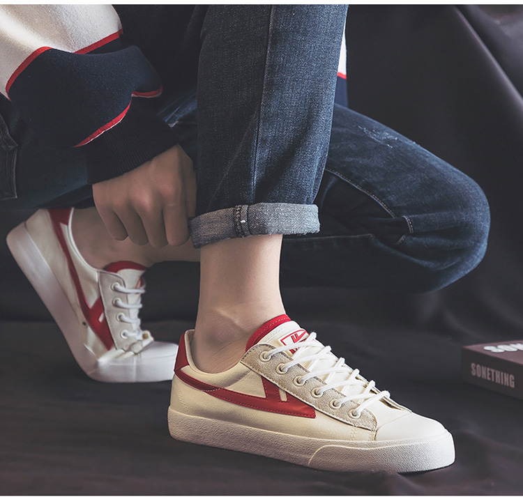 Warrior Official Canvas Shoes, Men's And Women's Casual Sneakers, Breathable Sports Skateboard Shoes for Autumn, KGH647MJ, Beige-Red, Size 39 5