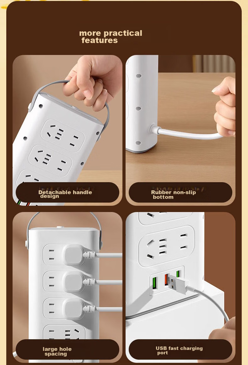Aleleke Portable Standing Three-Tier Power Strip, 12 Outlets with Master Switch, 3 USB Ports for Charging, Night Light with Three Color Temperatures, Overload Protection, Extension Cord, 1.6m to 2m 2
