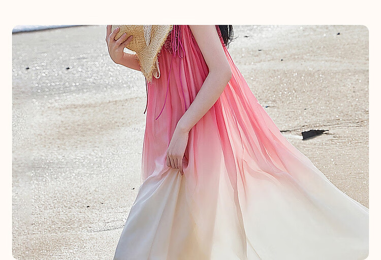 Dme [Dingdai'er Fashion] Summer Flowy Pink Gradient Chiffon Spaghetti Strap Beach Dress, 3D Floral A-Line Dress 5