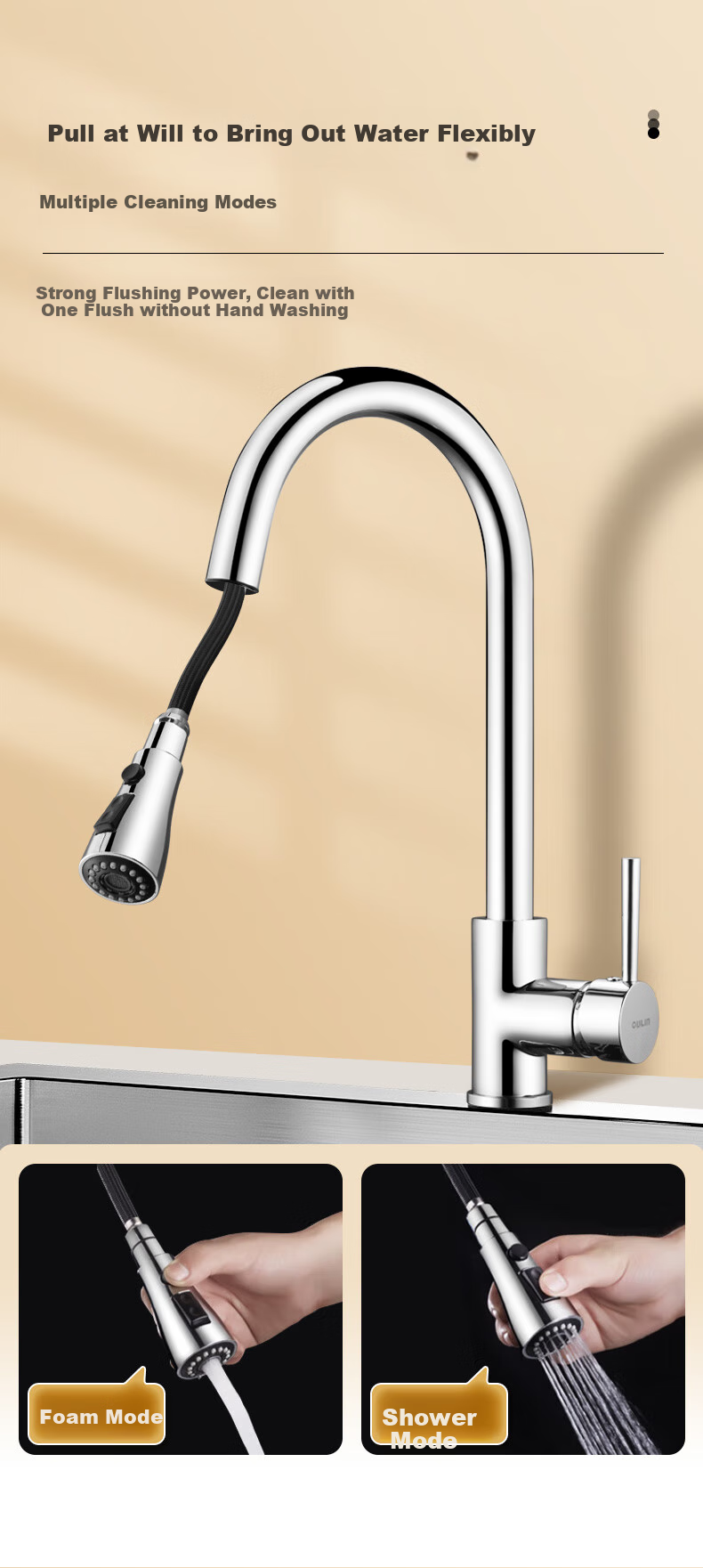 OULIN Double Sink Kitchen Sink, 0 Coating, SUS304 Stainless Steel, Thickened Water Basin with Brass Pull-Out Faucet 7