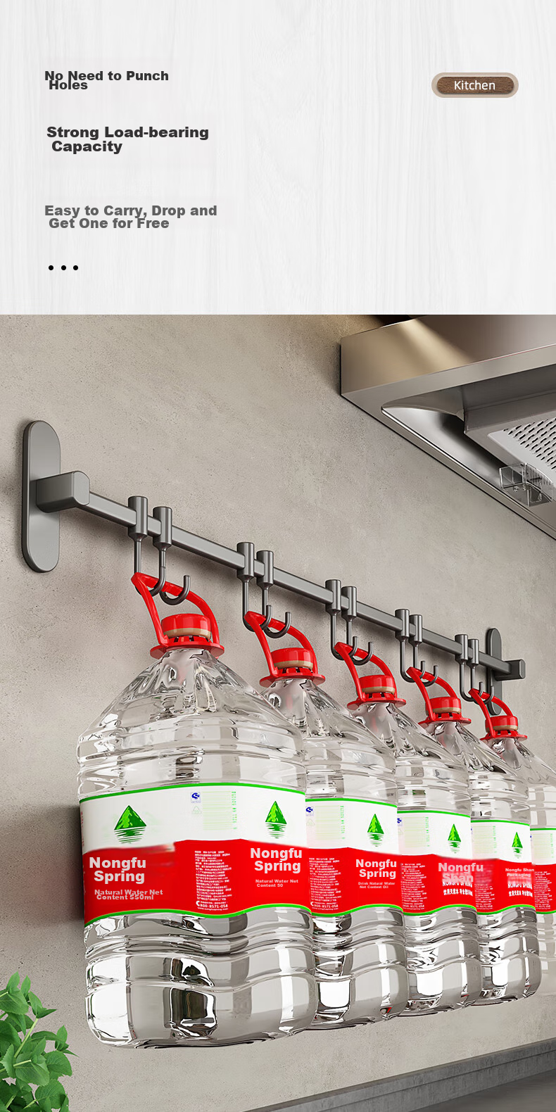YOUQIN Kitchen Storage Rack Hooks, Wall-Mounted without Drilling, Multifunctional Hook Organizer, Pot Lid Rack, Stainless Steel Hanging Rod, Gunmetal Gray, 50cm 4