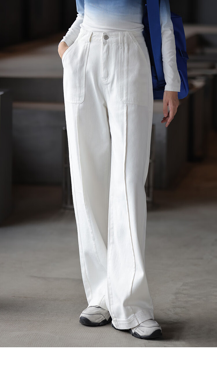 DME Straight-Leg Large Pocket Decorative Long Pants Thickened Autumn Winter Single-Button Fleece-Lined Straight Denim Jeans for Women 2