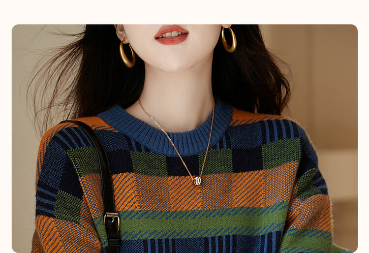 Dme [Color Block Knit Sweater] Spring And Autumn Commuter Round Neck Loose Drop Shoulder Long Sleeve Slightly Stretchy Women's Sweater, Orange, Size S 4