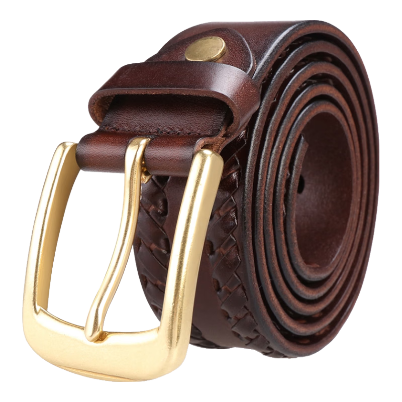 Cattlesboss Men's Leather Belt with Pin Buckle, Top-Grain Cowhide with Copper Buckle, Handwoven 1977, Dark Brown, 120cm