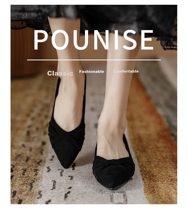 Pounise Women's Single Shoes, Korean Style, Large Size Boat Shoes, Flat Soft Soles, PQM-02, Black, 33/215(1.5) 1
