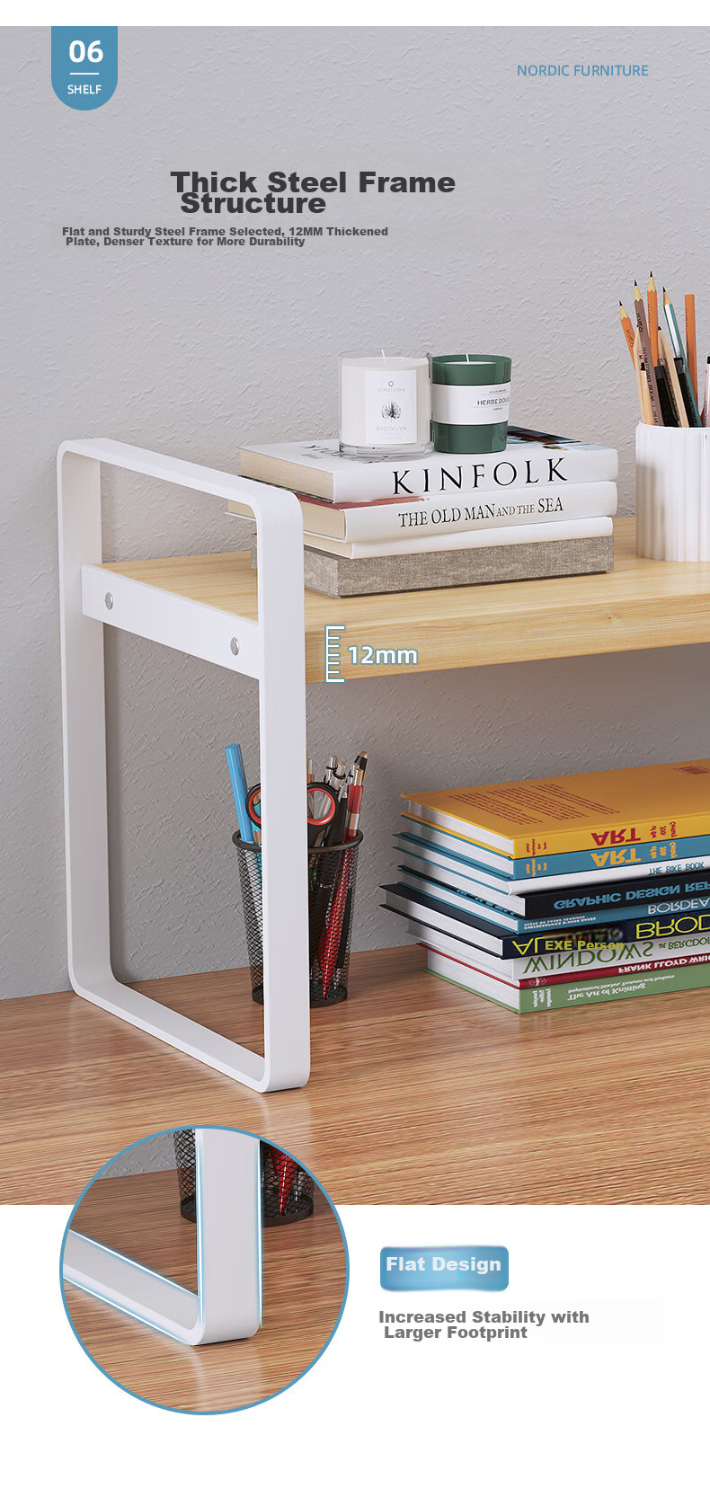 Anerya Desktop Bookshelf, Multi-Layer Iron Art Storage Rack for Books, Double-Layer Nordic Maple Wood - White Frame 40cm Long 11