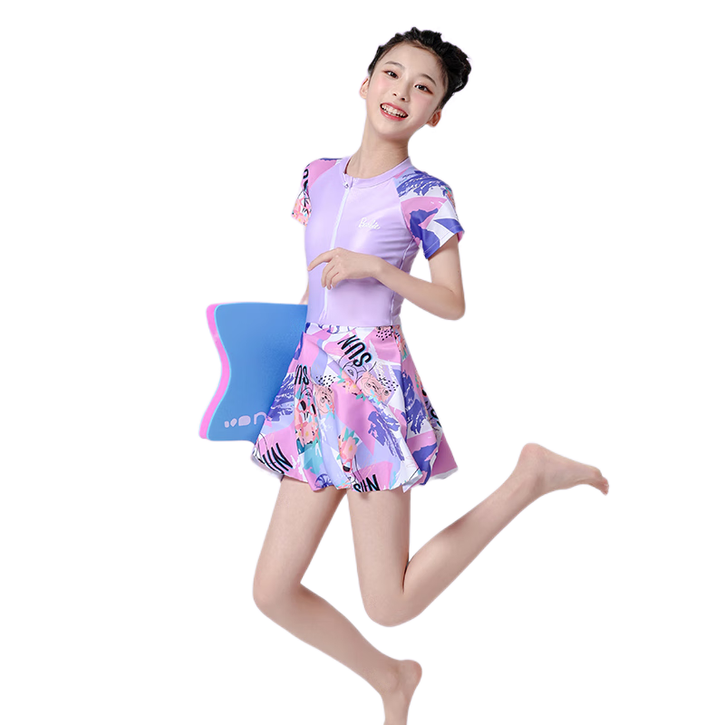 Barbie Girls' One-Piece Swimsuit Dress for Older Children, Stylish Swimsuit for Young Girls And Middle School Students