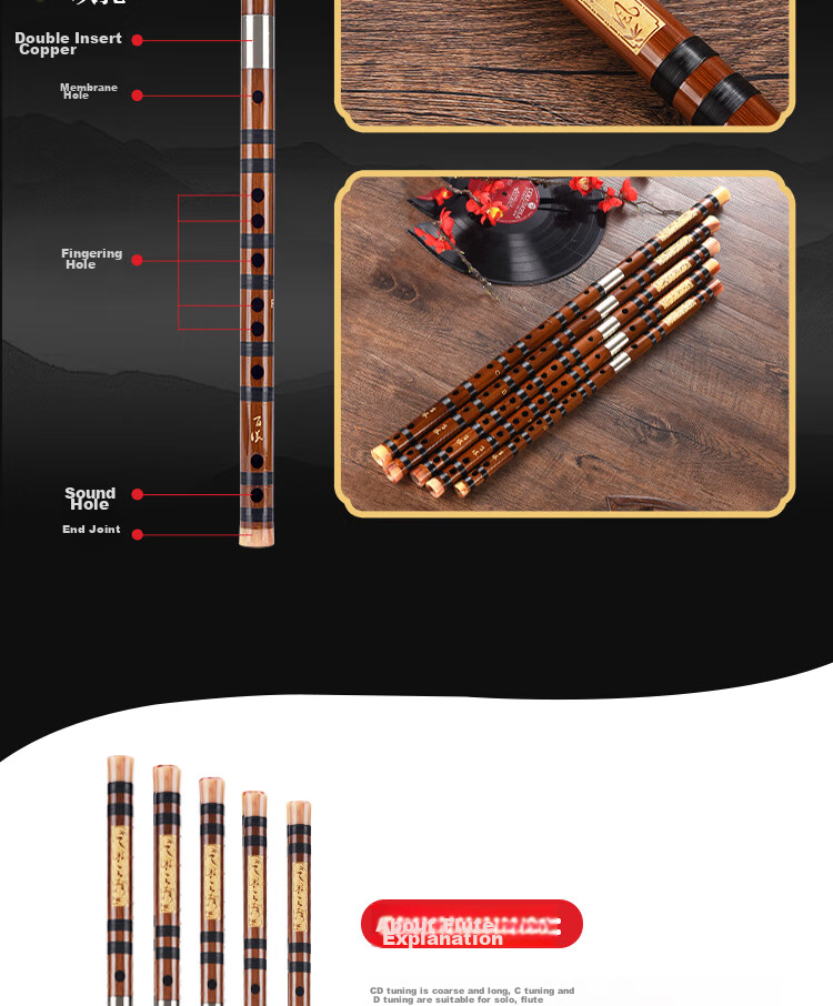 BAINUO Professional D Key Bamboo Flute for Beginners Adult Transverse Flute Student Grading Instrument with Blowing Aid 8