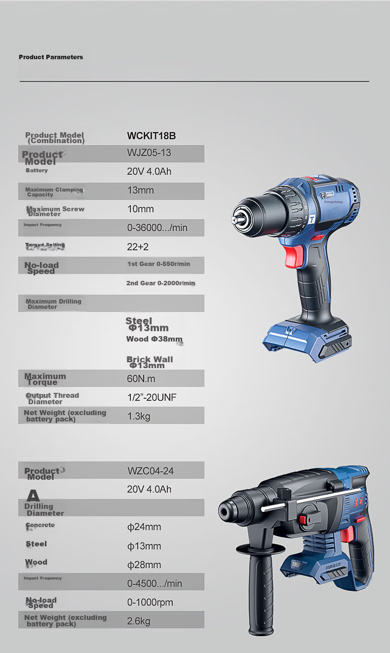 Dongcheng 20V Brushless Impact Drill, Electric Drill, Wrench, Four-In Lithium Battery Hammer Drill, Angle Grinder, Cutting Machine Package WCKIT18B 17