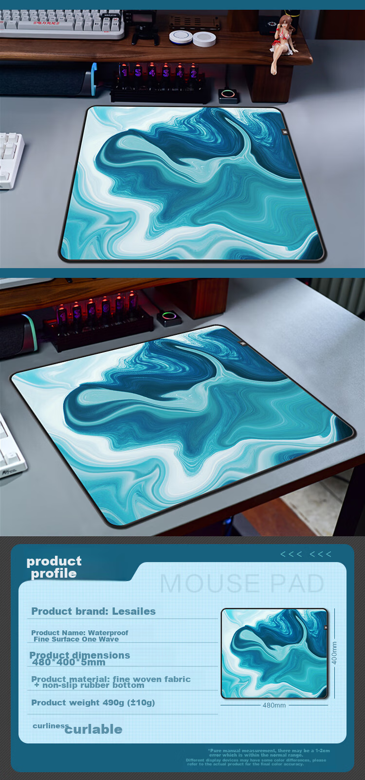LESAILES Gaming Mouse Pad, Smooth FPS Gaming-Specific Large And Small Sizes, Waterproof Fine Surface Computer Desk Pad, ATK Kongzhi Dye Red, 2mm Deep Edge Banding, 480x400x5 12