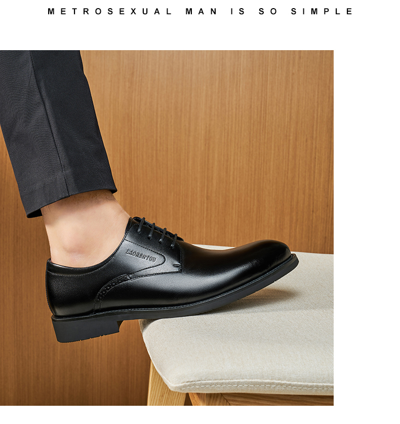 LAORENTOU Men's Leather Shoes, Business Formal Shoes, Top-Grain Leather, Breathable, Wear-Resistant, Non-Slip, Dad Shoes, 160208 Black, Size 38 16