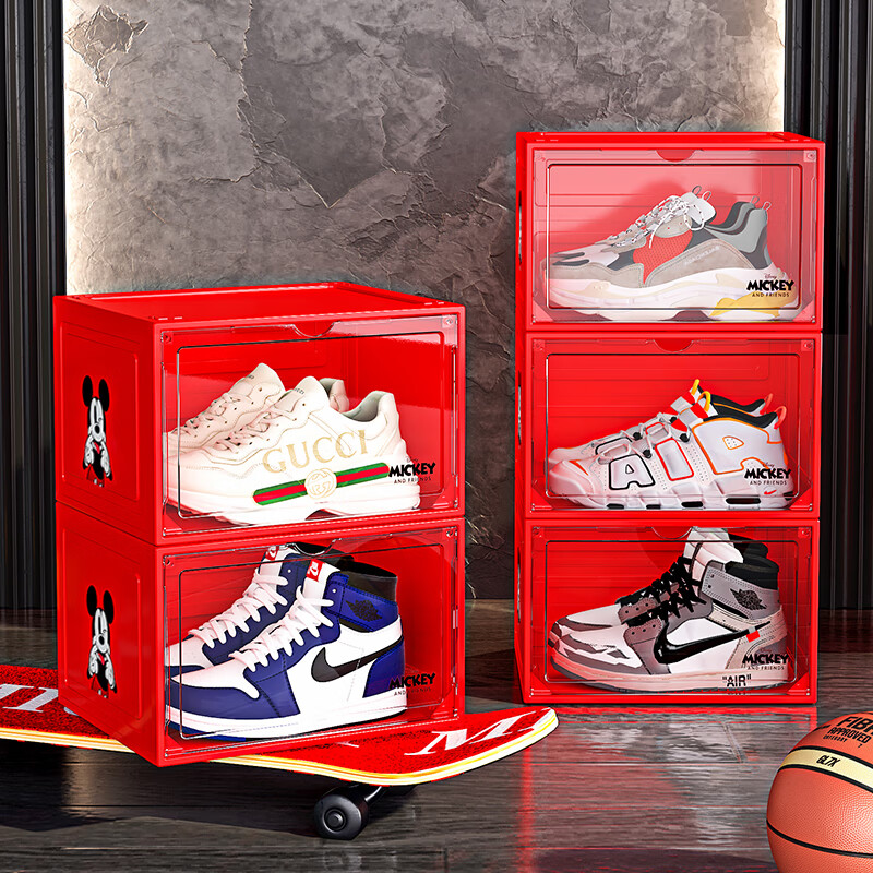 QDZX Transparent Shoe Box, Dust-Proof And Moisture-Proof Shoe Rack, Front-Opening Storage Box, Red, Set of 4