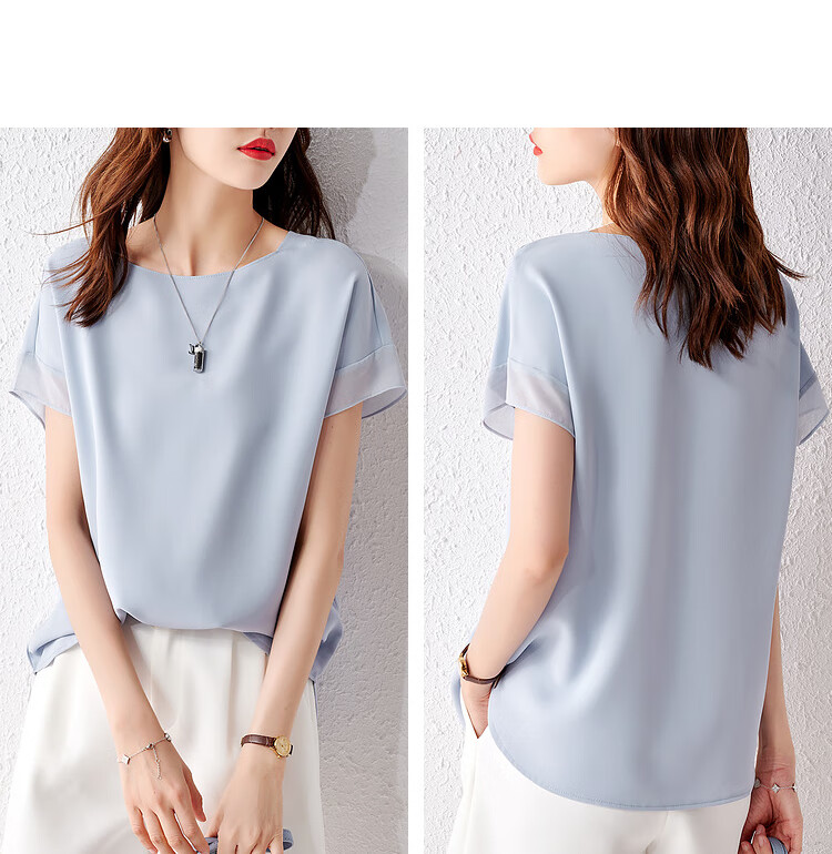 Sentubila Spliced Short-Sleeve Chiffon Blouse for Women, Slimming Tummy-Covering Top, Summer Lightweight Casual T-Shirt, Light Blue, S 17
