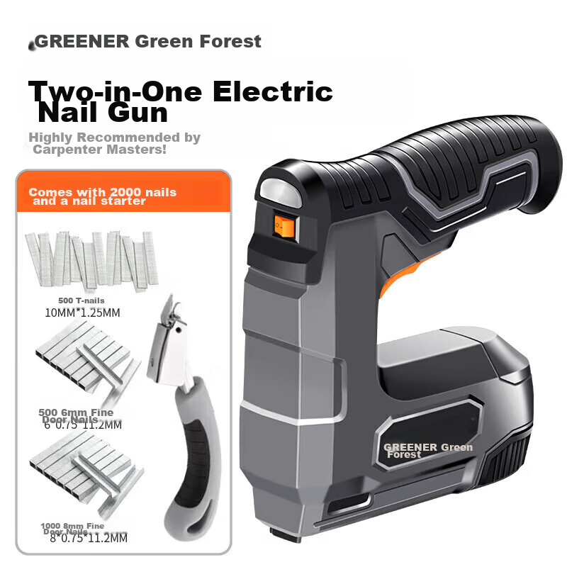 GREENER Electric Nail Gun, Woodworking Nails, Shooting Machine, Wireless Lithium Battery Rechargeable Dual-Use Household Straight Nails, U-Shaped And Door-Type Nails