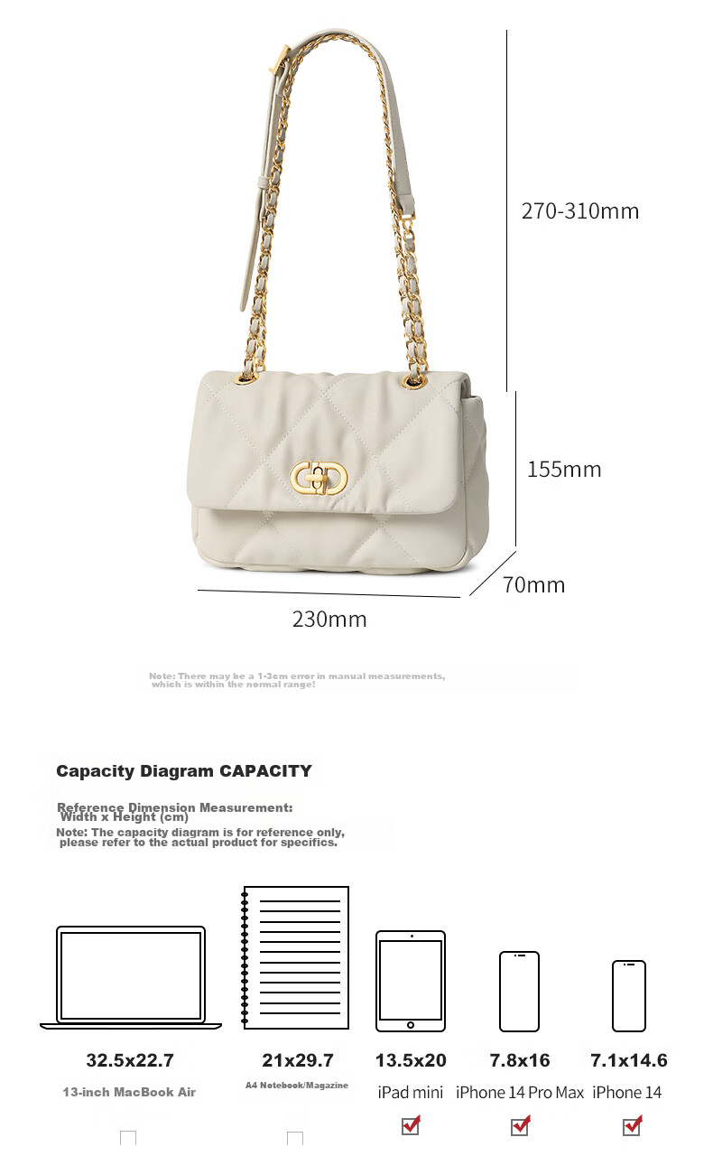 CASSILE Women's Handbag, Shoulder Bag, Quilted Pattern, Large Capacity, Chain Strap, Light Luxury Crossbody Bag, 520 Gift 9